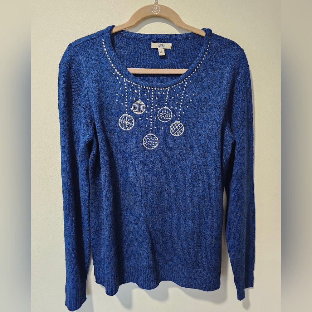 Croft & Barrow Navy Marled Sweater with White Ornament Accents, Festive Sweater